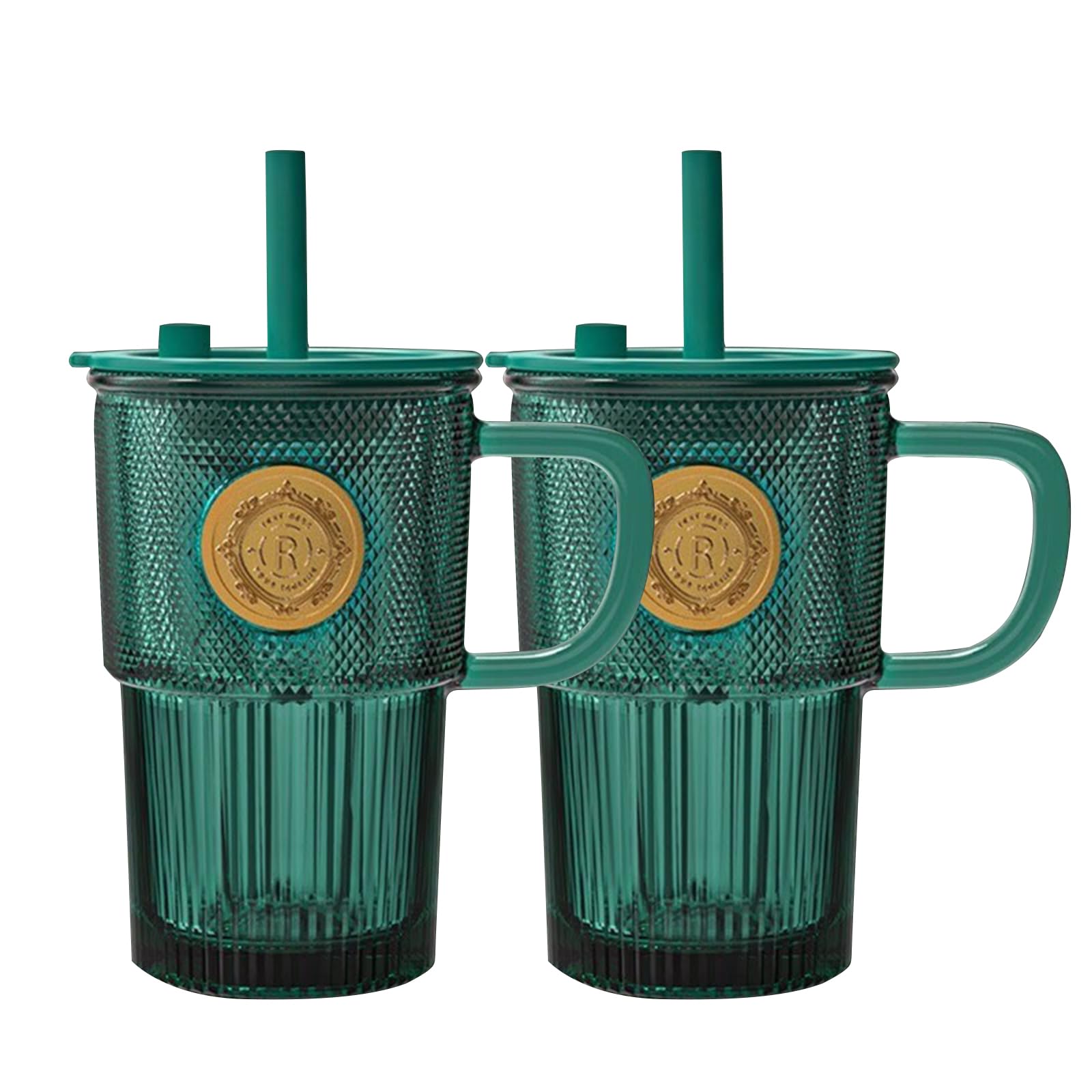 soulnioi Set of 2 430ml Green Glass Tumbler with Straw, Glass Mug with Gold Badge Decor