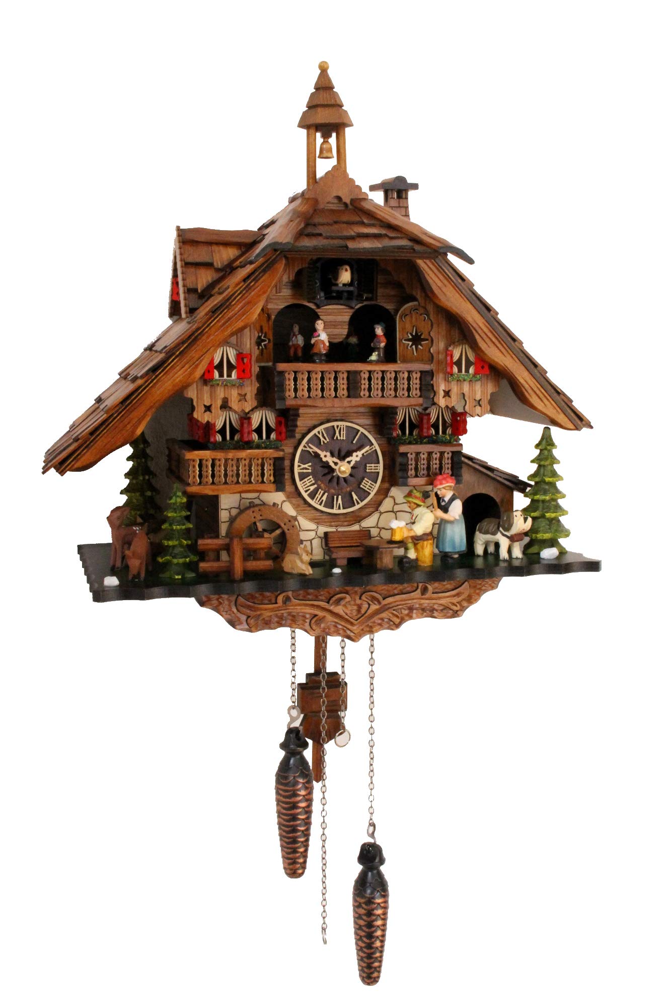 CLOCKVILLA HETTICH UHREN Schwarzwälder Kuckucksuhr Schwarzwaldhaus Quarz bewegliche Schwarzwaldfrau Biertrinker Musik