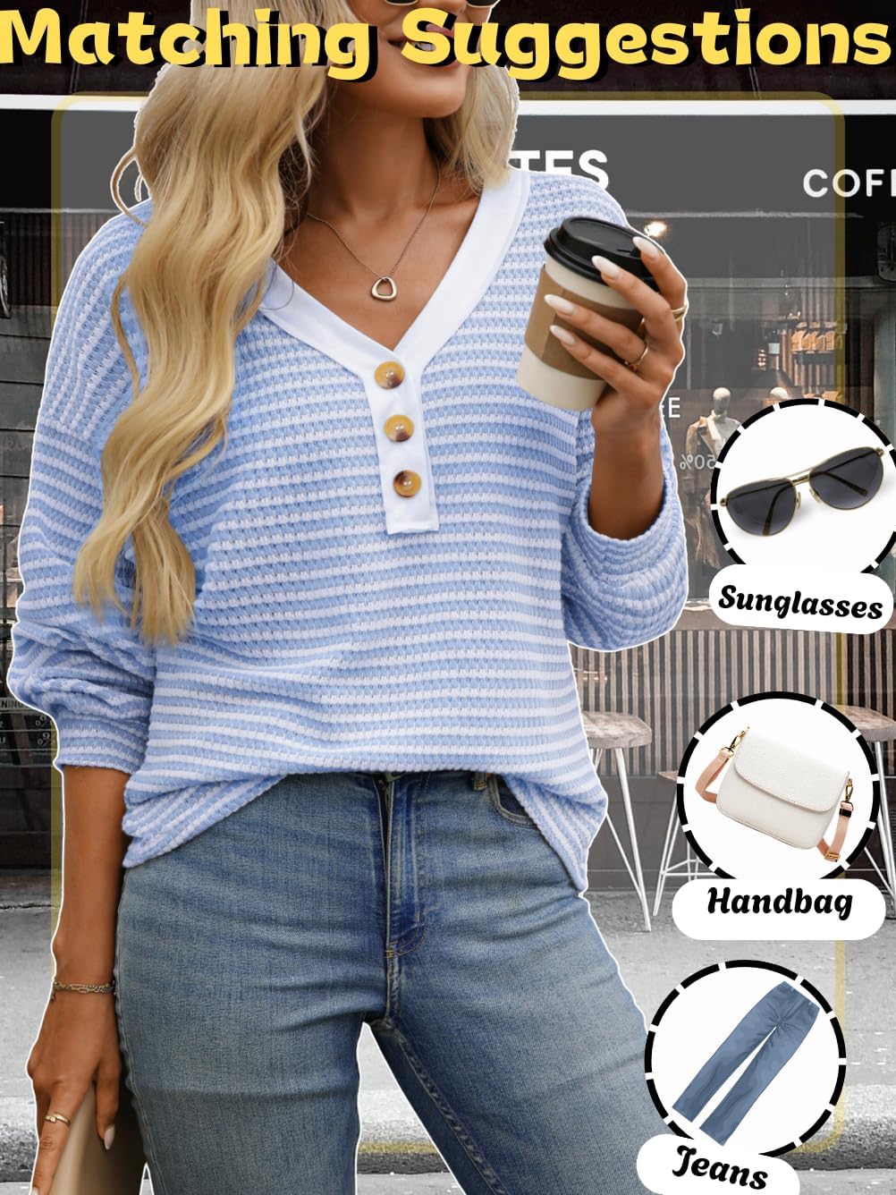 Striped Henley Shirts,V Neck Long Sleeve Knit Tops,Women Fall Clothes Going Out - Image 4