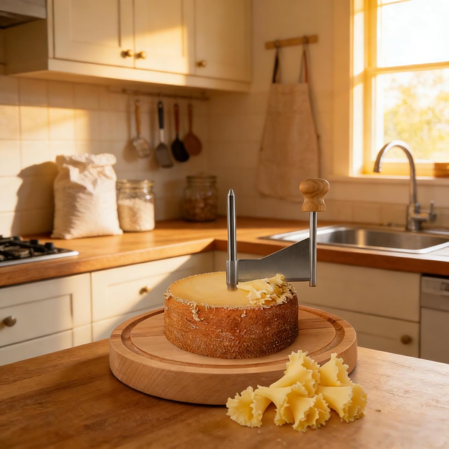 Cheese Curler Wheel with Lid，304 Stainless Steel & Beech Wood Cheese Flower Maker, Chocolate Shaver - Stable Manual Cheese Wheel Cutter for Restaurants, Home, Dessert Shops (With lid)