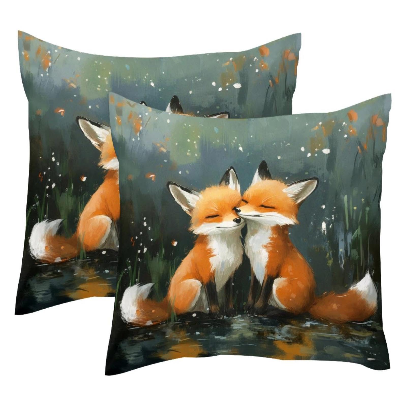 Housses de coussin velours motif deux renards 50x50cm pour une atmosphere chaleureuse