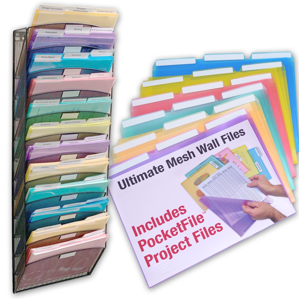 Ultimate Office Mesh Wall File Organizer, 12 Tier Vertical Mount Hanging File Sorter. Multipurpose Display Rack Includes 18, 3rd Cut PocketFile Clear