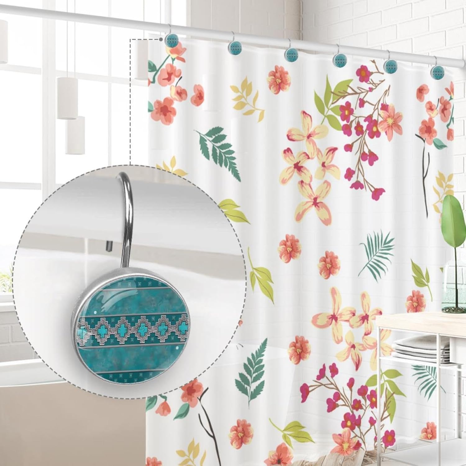 Silver Santa Southwest Turquoise Arizona Desert Western Lodge Decorative Shower Curtain Hooks Rings Set of 12 Hooks for Shower Curtain Rustproof Curtain Rings for Bathroom