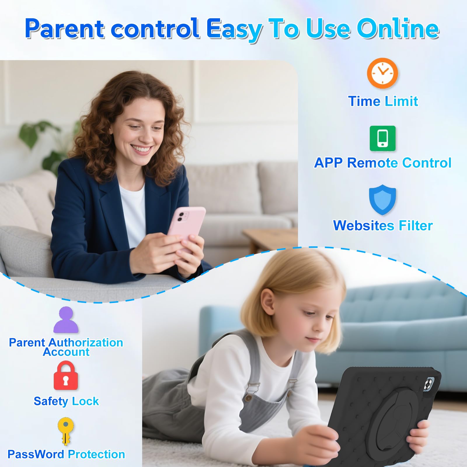 DMOAO Tablet Bambini 10 Pollici Android 15 con 30GB RAM, 5G Wi-Fi 6, 64GB ROM(TF 2TB), Control Parental, Octa-Core, 8MP+5MP, 6000mAh, Custodia Protettiva EVA + Supporto Girevole a 360°,Nero