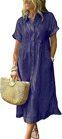 Women Summer Striped Shirt Dress Casual Loose Button Up Short Sleeve Midi Long Dress with Pockets