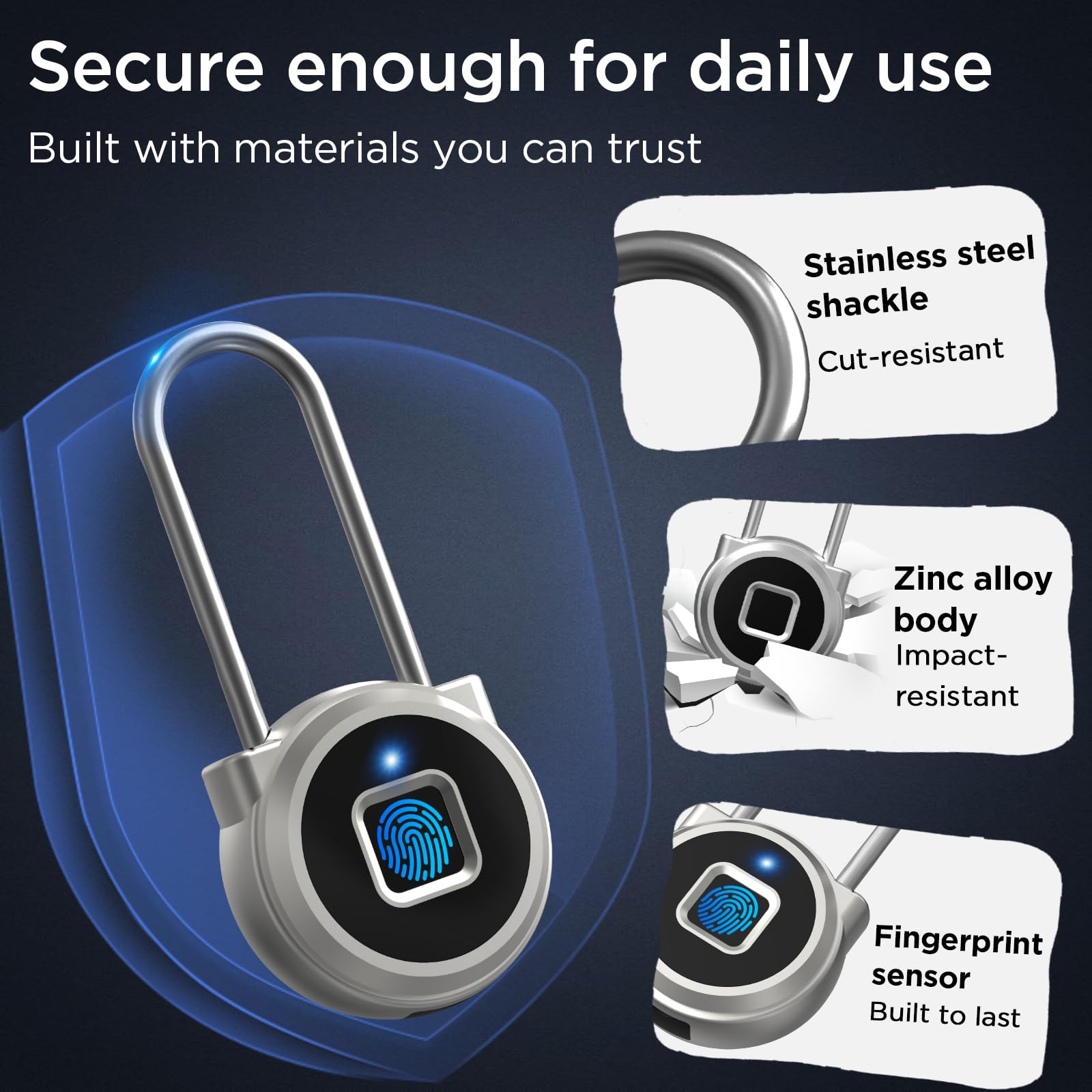 Cadenas à empreintes digitales – Cadenas intelligent biométrique en métal sans clé, étanche rechargeable par USB, casier de gym, bagages, sac à dos, valise