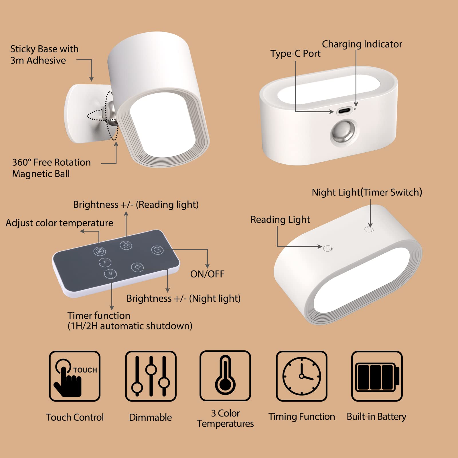 Klarlight LED Wandleuchte Innen Holz Mit Schalter, 8W Wandlampe Schwenkbar Warmweiß 3000K, Wandlichter Für Zimmer Wand Schlafzimmer Wohnzimmer Lernen Hotel Schlafsaal AC 85-265V