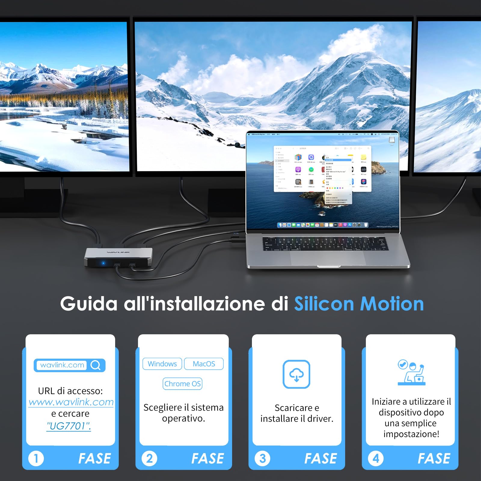 WAVLINK Docking station per 3 monitor per sistemi macOS M1/M2/M3/M4. Host Type-C/A, ingresso PD 100W, 3 HDMI + 2 DP disponibili, Triplo 4K@60Hz, Driver SMI e host USB3.2 Gen 2 richiesti