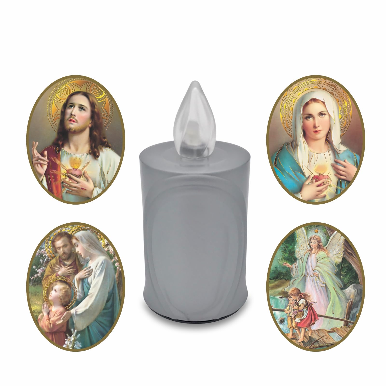 AROBA 2x LED Grabkerze Trauerlicht - Flackereffekt wie echte Kerze - lange Brenndauer bis 120 Tage - wiederverwendbar Friedhofskerze Gedenkkerze - silber inkl. Auswahl an Heiligen