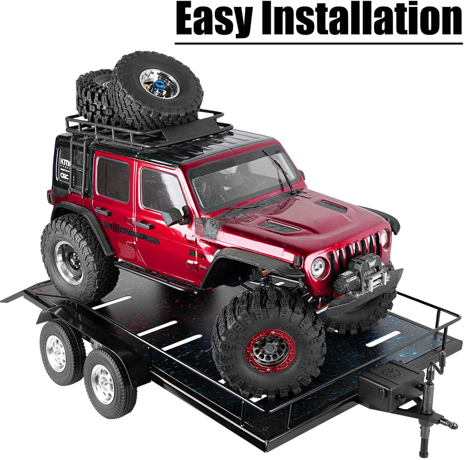 RC Trailer Kit with Elastic Kinetic Winch Strap 1/10 RC Crawler SCX10 TRX6 Red cat GEN8 TRX4,Iron Aluminum Trailer,Colour