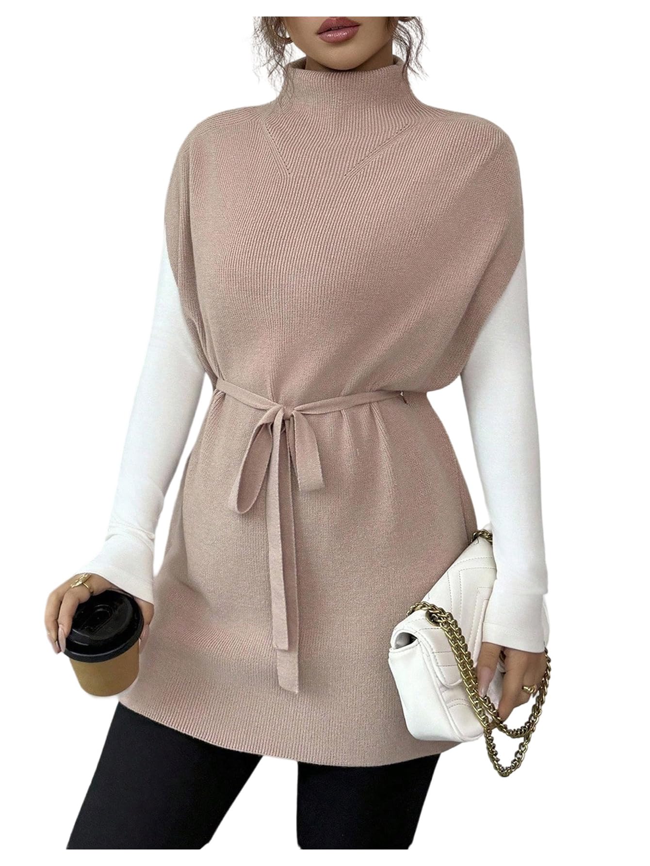 MakeMeChic Womens Fall Elegant Pullover Belted Turtle Neck Sweater Business Cap Sleeve Belted Knit Top