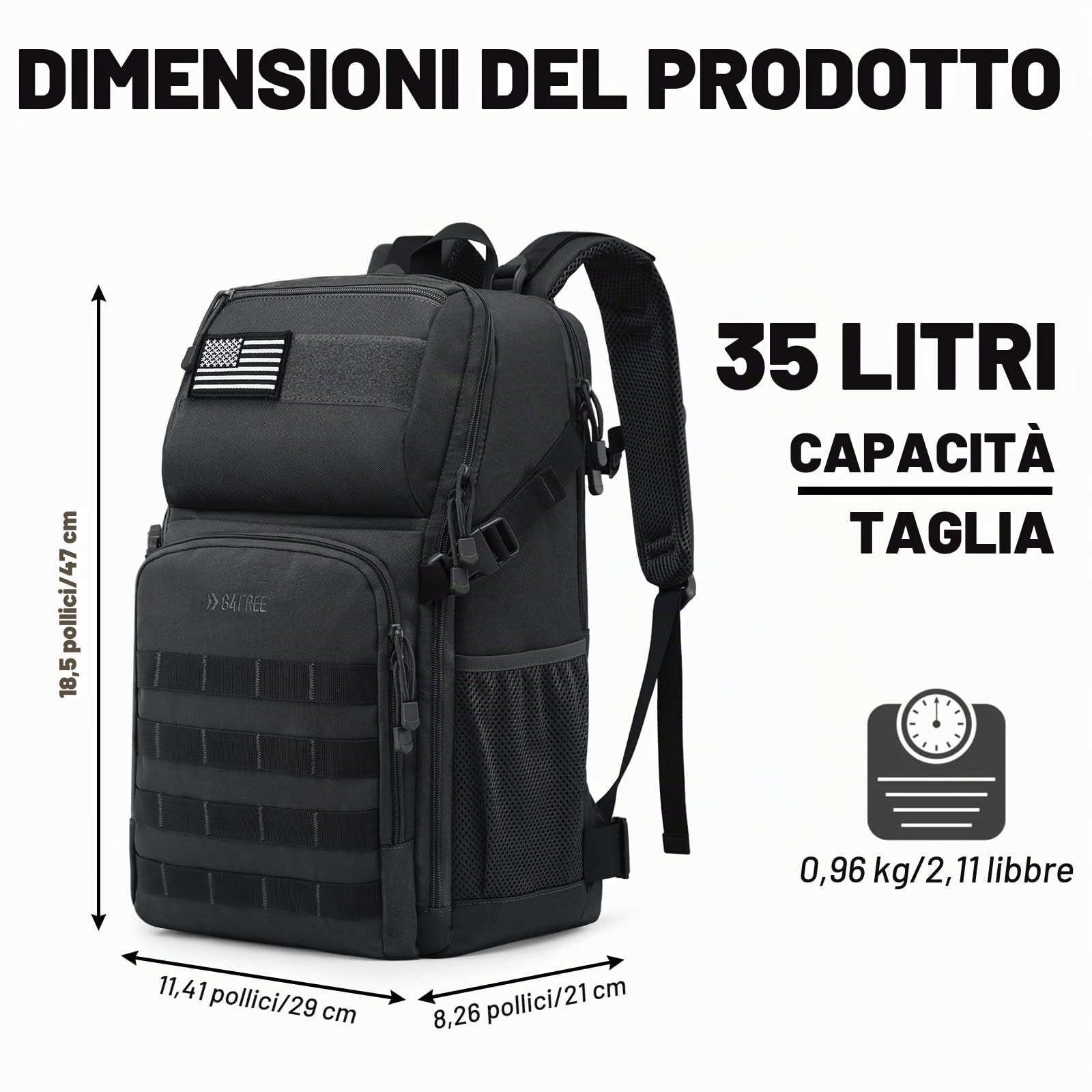 G4Free Zaino tattico militare da 35 l, grande esercito Assault Pack Molle, zaino per attività all'aperto, escursioni, campeggio, trekking, caccia