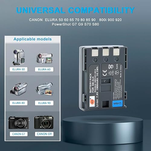 Miniatura 2 de DSTE NB-2LH NB-2L Kit de batería y cargador compatible con Canon PowerShot G7, G9, S30, S40, S45, S50, S60, S70, S80, DC410, DC420, VIXIA HF R10,