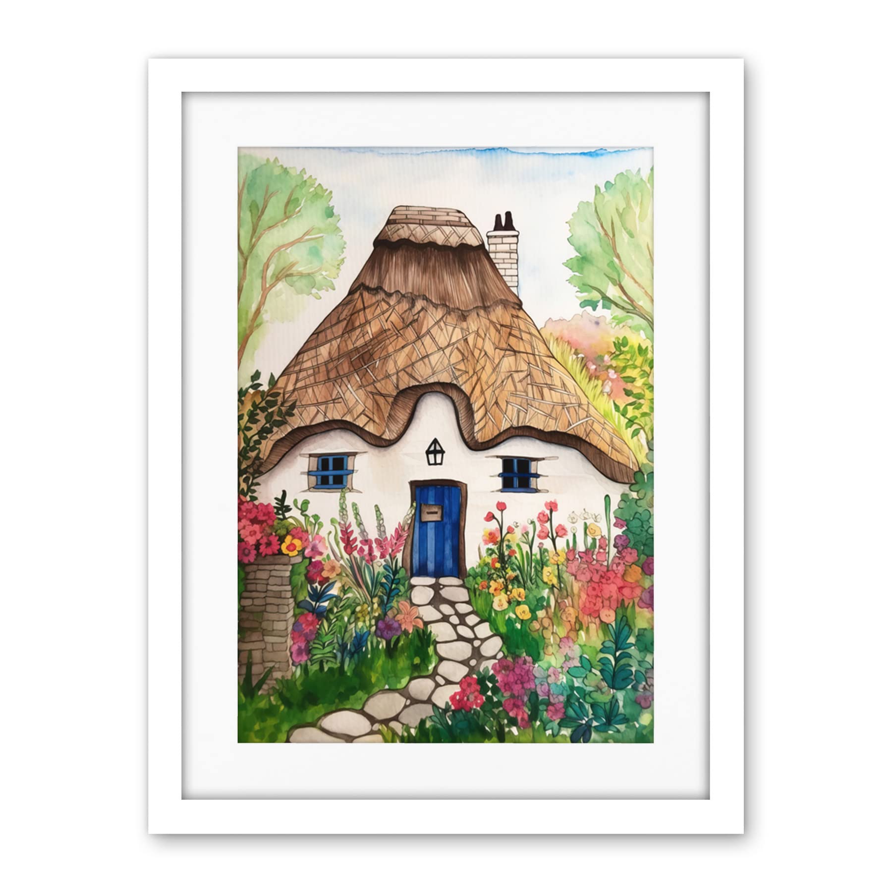 Artery8 The Cottage In The Forrest Flowers Folk Art Artwork Framed Wall Art Print 18X24 Inch