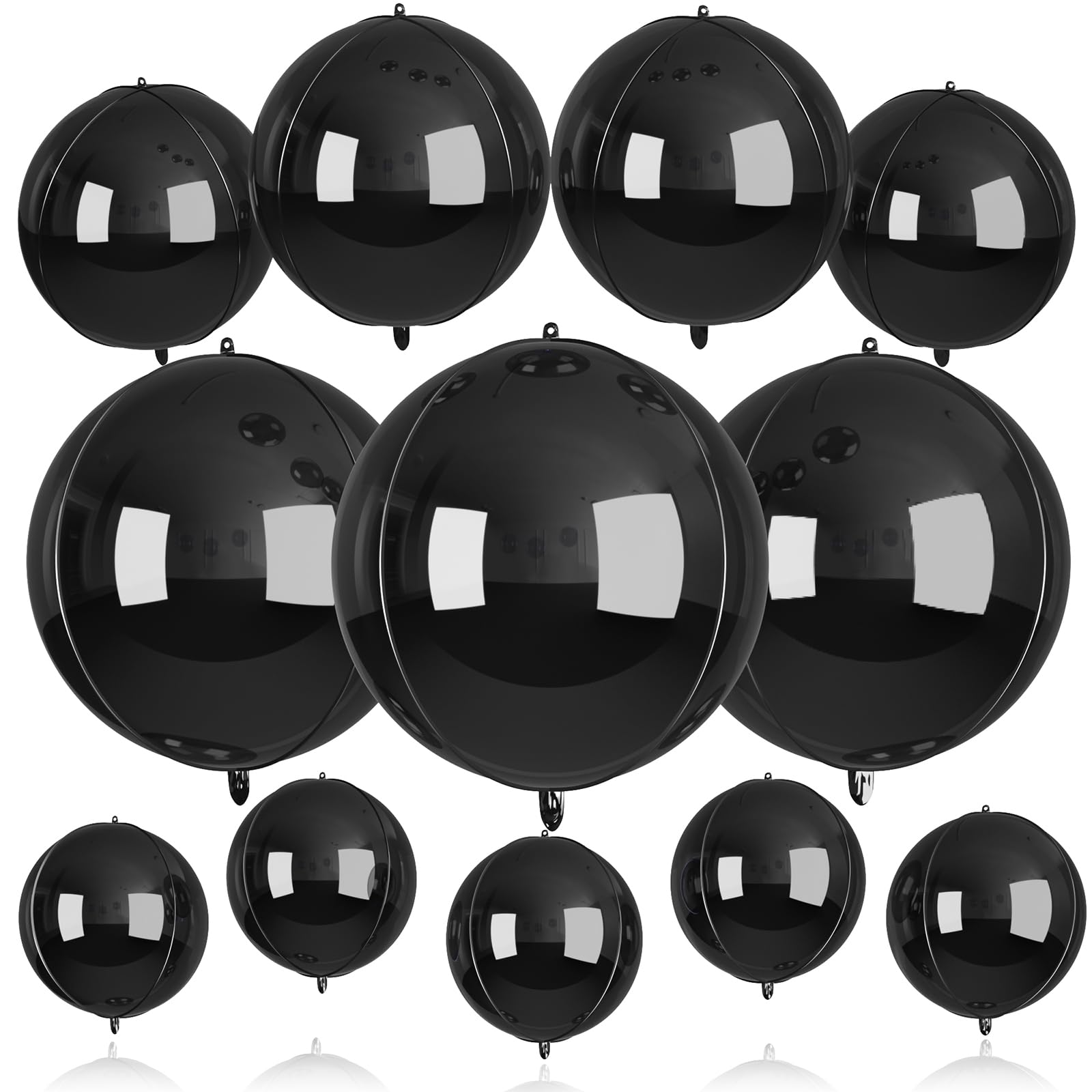 12 Pcs Black Foil Balloons, 22" 15" 10" 4D Round Ball Shape Balloons, Different Size Metallic Black Balloons for Graduation Birthday Wedding Baby Shower Prom Disco Party decorations Backdrop