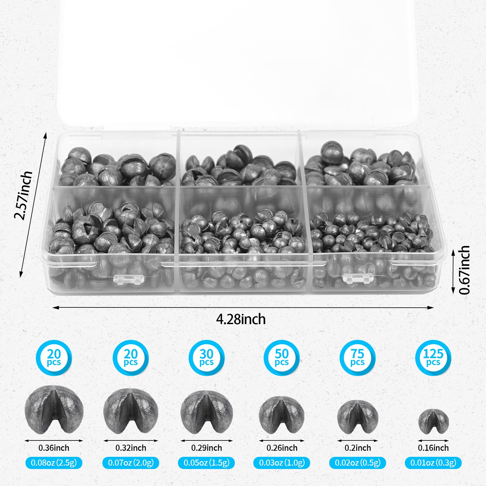 Caleb 200/320Pcs Split Shot Fishing Weights Sinkers, Removable Lead Fishing Weights, Premium Duckbill Reusable Fishing Sinkers for Freshwater Saltwater Bass Trout Fishing Accessories - 5/6 Sizes