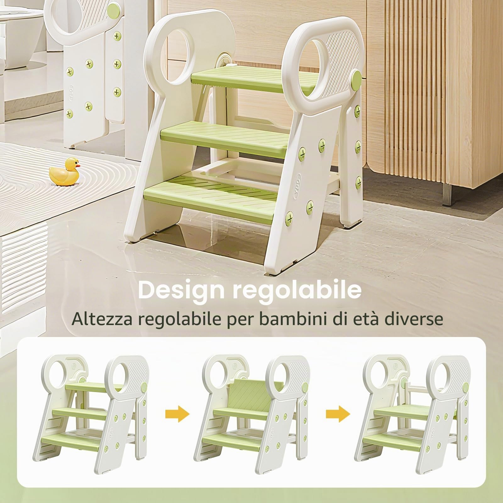 Sgabello per Bambini Pieghevole Scaletta Regolabile a 2/3 Gradini con Corrimano,Antiscivolo,Sgabello Pieghevole per Bambini per Bagno, Cucina, WC e Lavandino