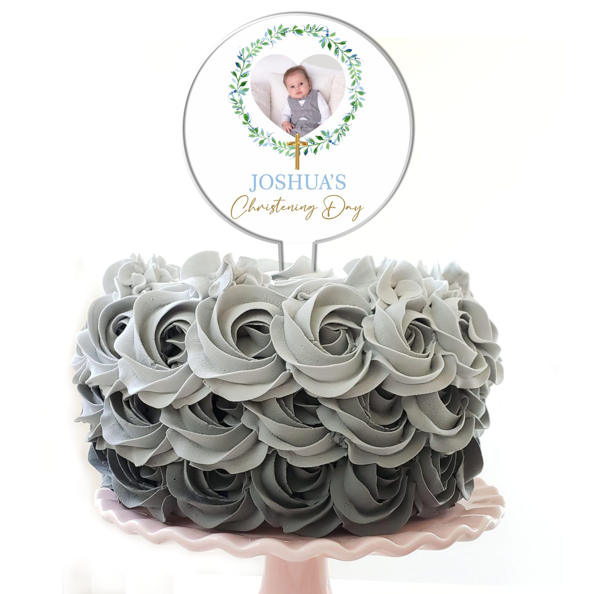 Personalised Photo Acrylic Cake Topper for Christenings, Holy Communions & Confirmations – Custom Child’s Name & Photo with Floral Wreath Designs (Christening Day, Blue & Green Wreath)