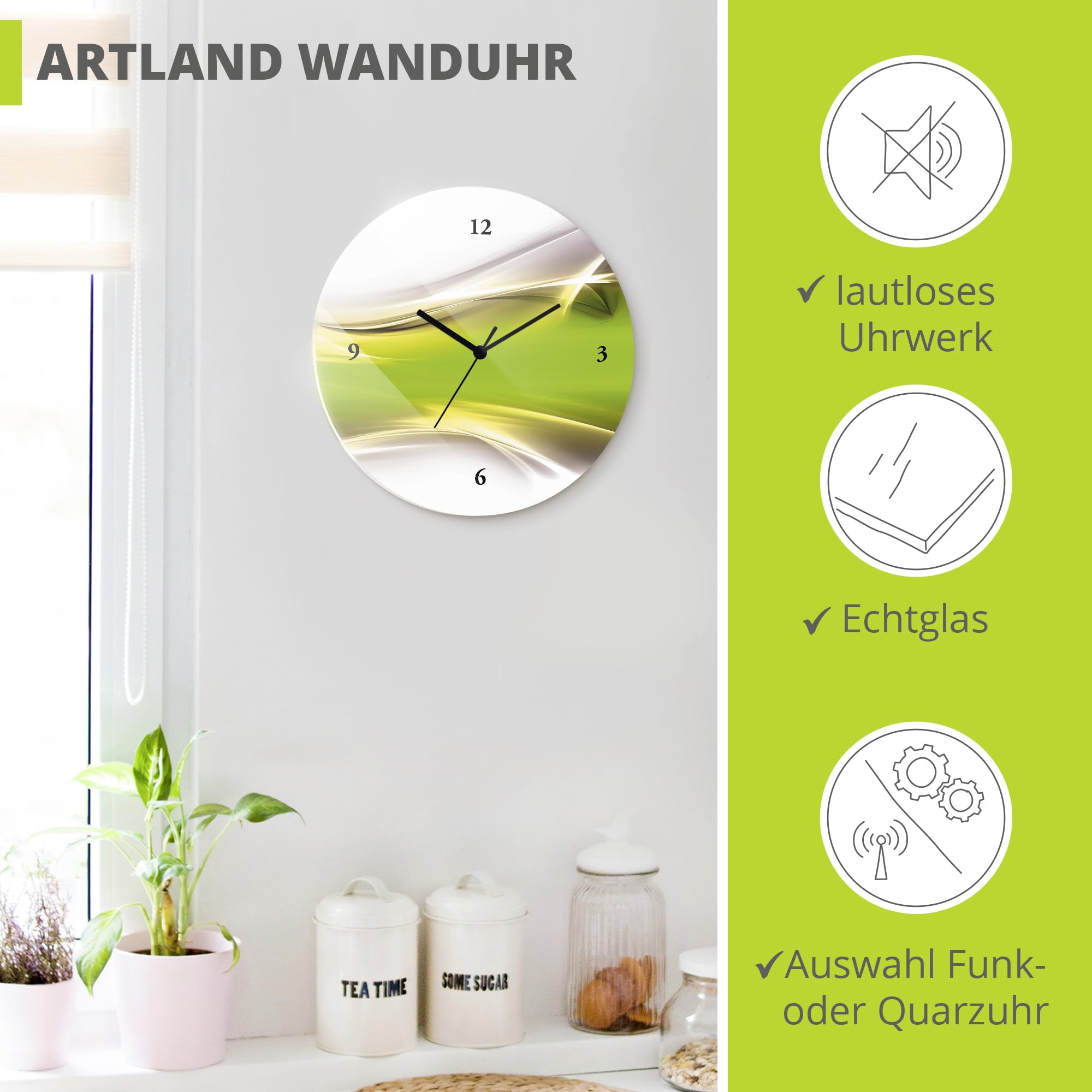 ARTLAND Wanddeko Wanduhr ohne Tickgeräusche Glas Funkuhr Ø 30 cm Rund Lautlos Design Abstrakt Kunst Modern Ausgefallen Kreativ T9HZ