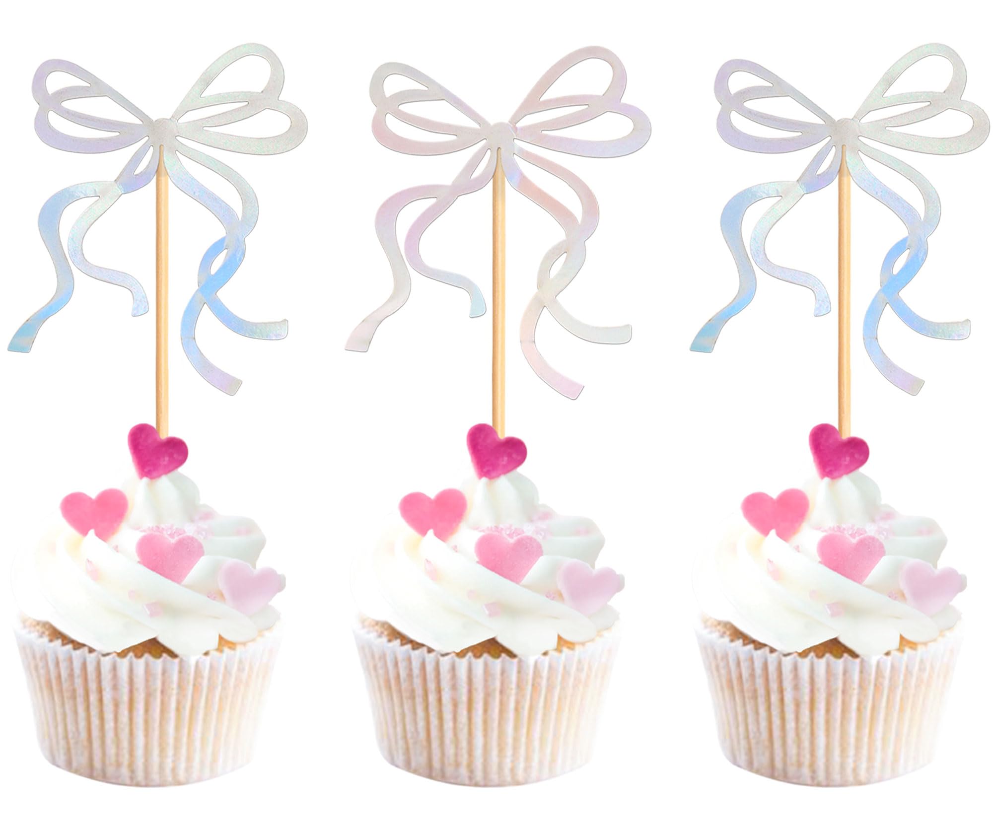 20 Pack Bow Cupcake Toppers Bowknot Pink Purple Blue Yellow Green Mulitycolor Cupcake Picks Bridal Baby Shower Cake Dessert Picks Decoration Baby Girl Birthday Wedding Party Supplies (sliver 2025)