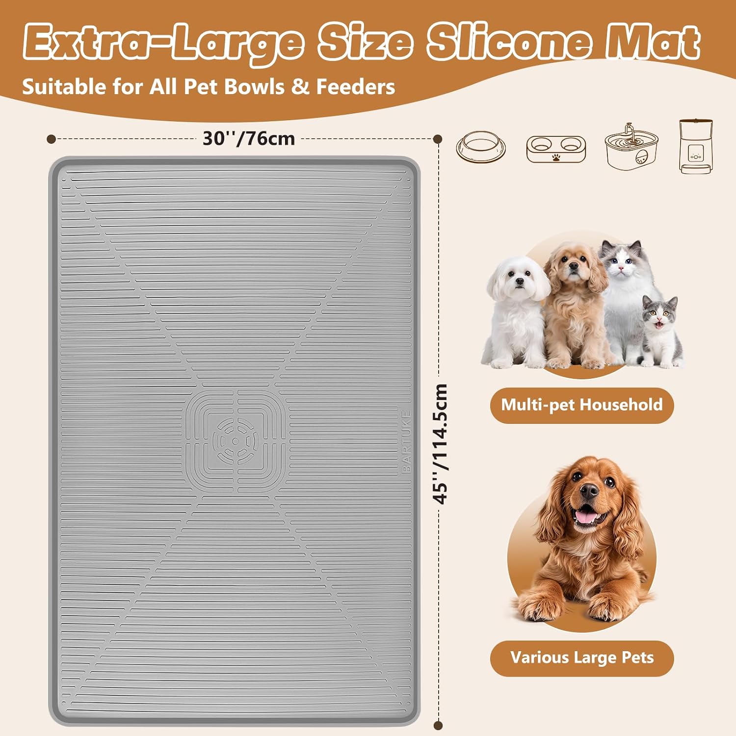 Lorvain Dog Food Mat, 45" x 30" Silicone Pet Feeding Mat with Raised Edges, Extra Large Pet Placemat for Dog Cat Food and Water Bowl Non-Slip, Easy to Clean, Waterproof & Floor Protection, Grey