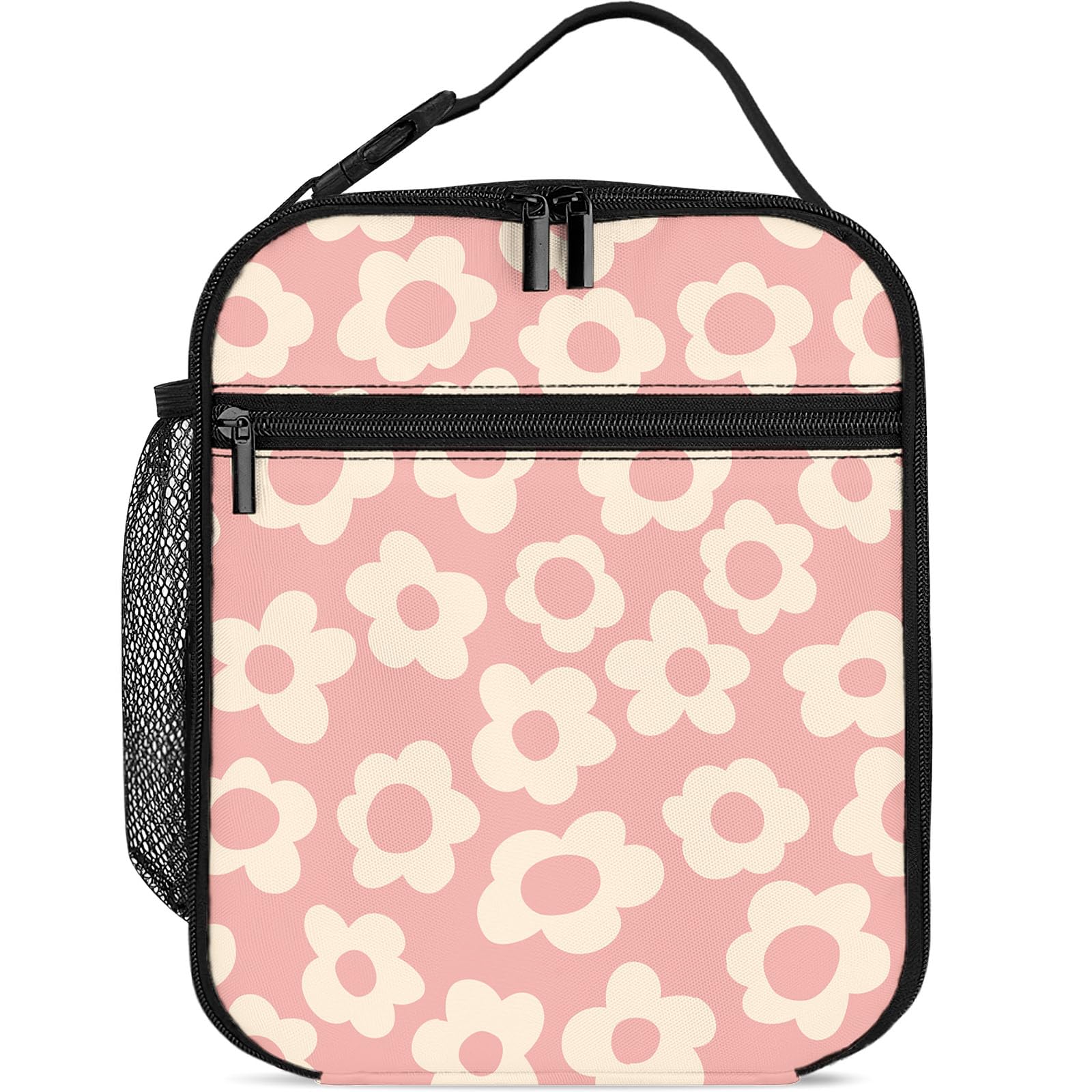 Knobcar Pink Groovy Flowers Lunch Bag Kids Insulated Lunch Box for Girls Boys Women Men Reusable Insulated Lunch Box with Side Pocket Cooler Tote Bag