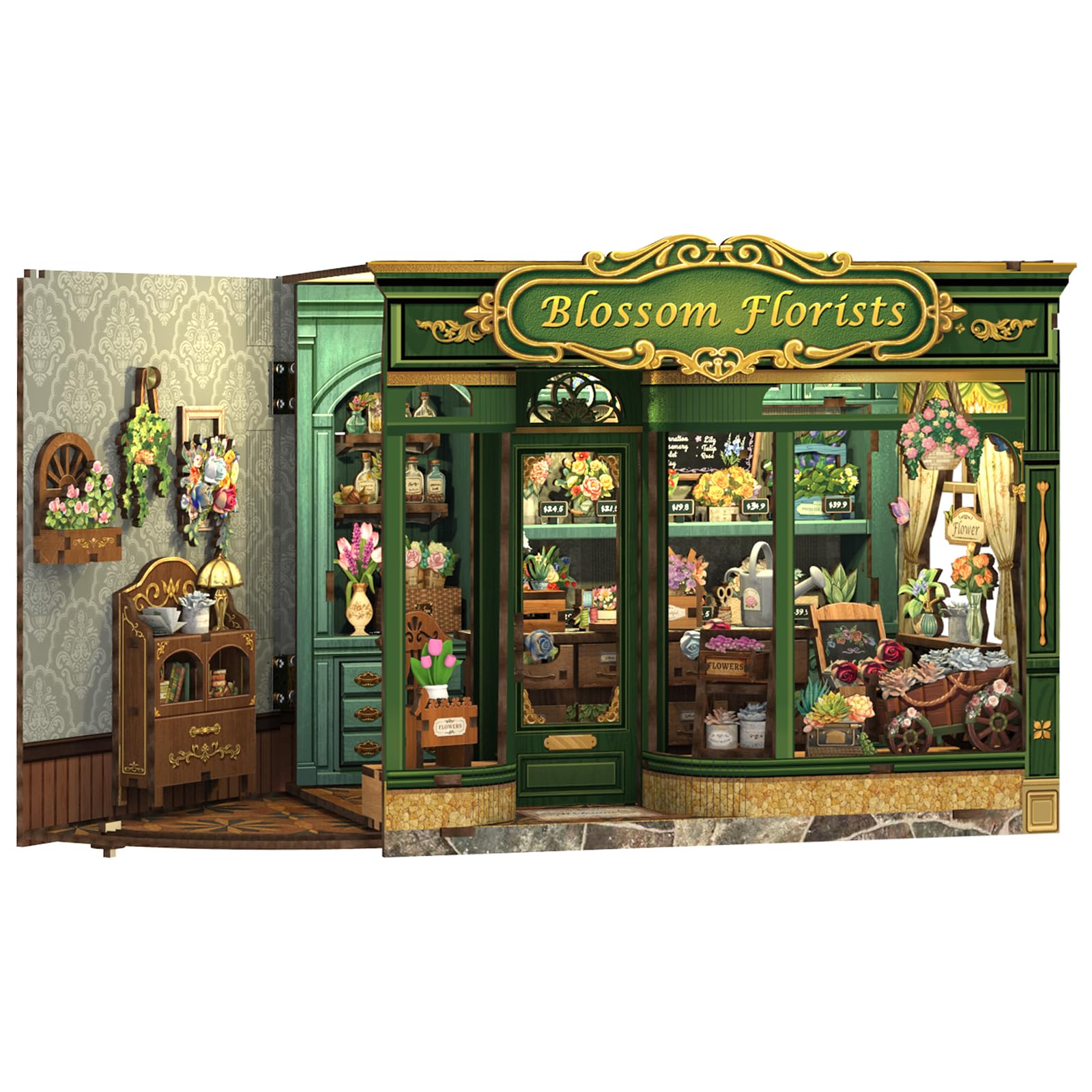 Cutefun Book Nook Kit - mit LED-Beleuchtung - DIY Miniature House Holzmodell Puppenhaus-Bibliothek für Erwachsene | Kreatives Geschenk für Frauen/Männer (Blossom Florists)