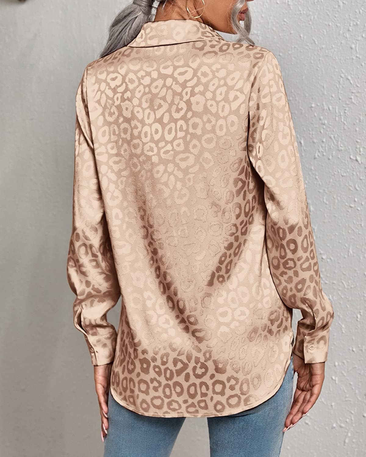 Women V Neck Long Sleeve Button Down Satin Office Dress Shirt Leopard High Low Hem Button Work Blouse - Image 3
