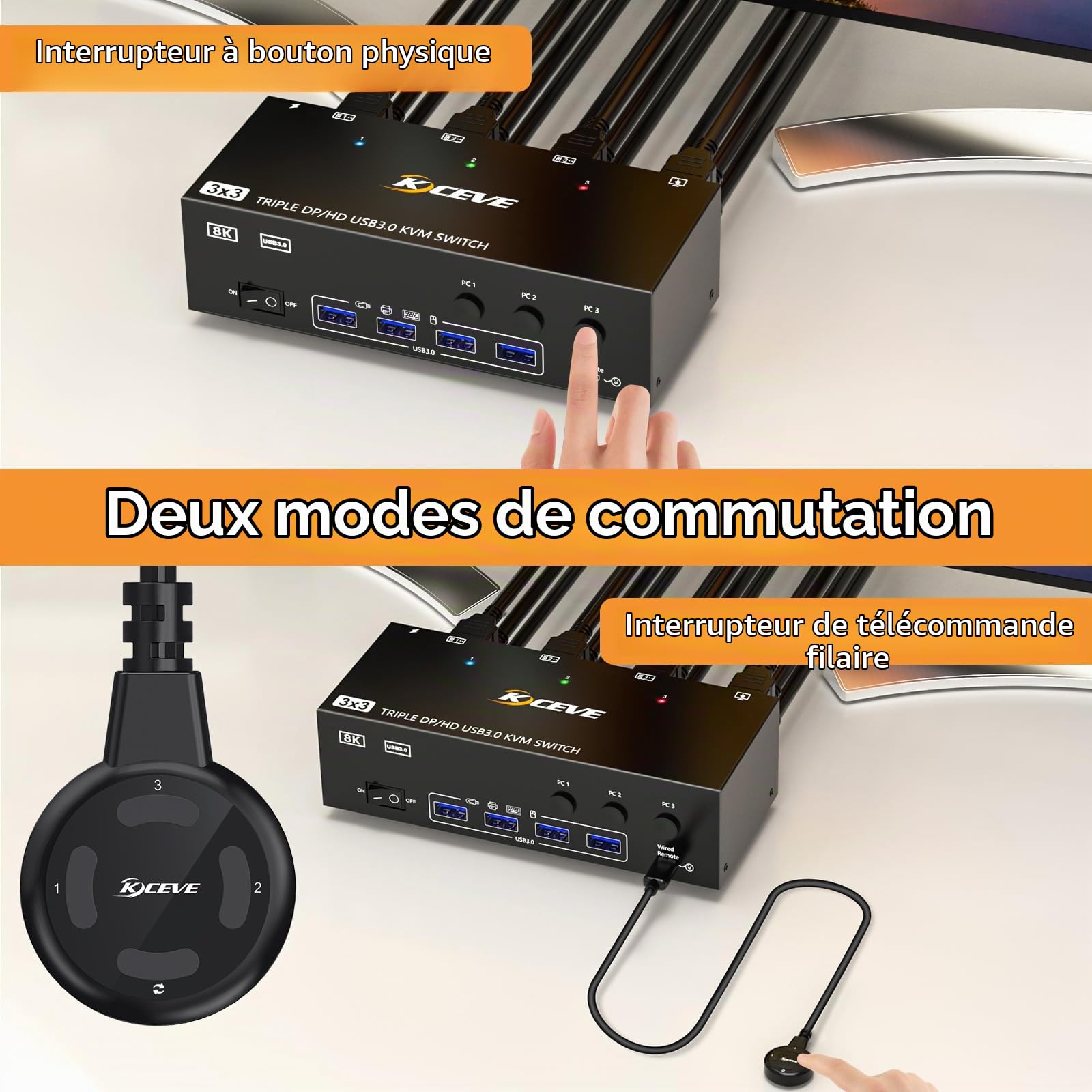 Commutateur KVM 3 moniteurs 3 PC, Displayport HDMI USB 3.0 Commutateur KVM pour deux écrans, prend en charge 4K @ 60 Hz pour 3 ordinateurs