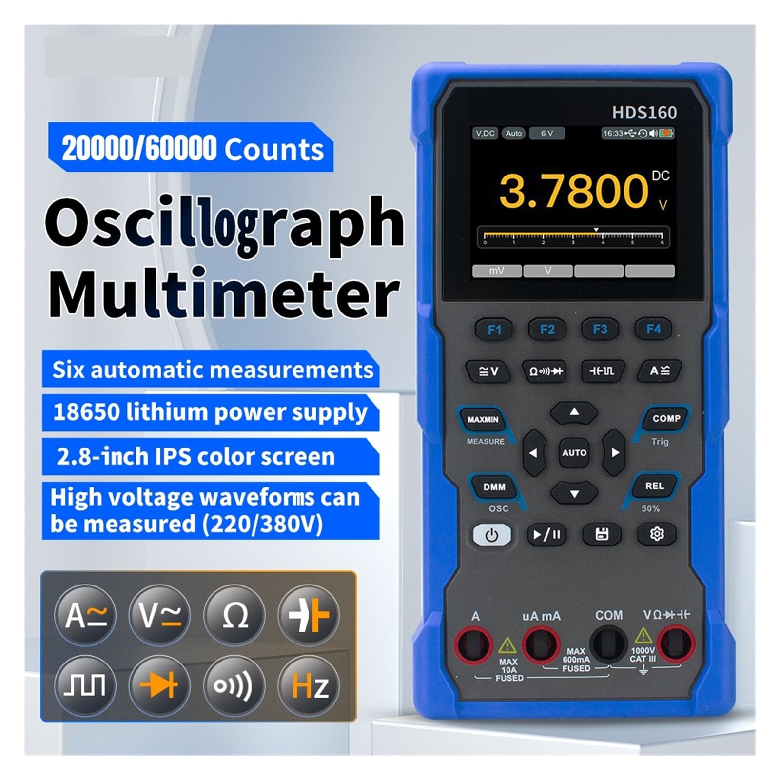 Oscilloscopi, Oscilloscopio digitale 2 in 1 HDS160, multimetro a vero valore efficace a 4 1/2 cifre 20.000 conteggi(HDS160)