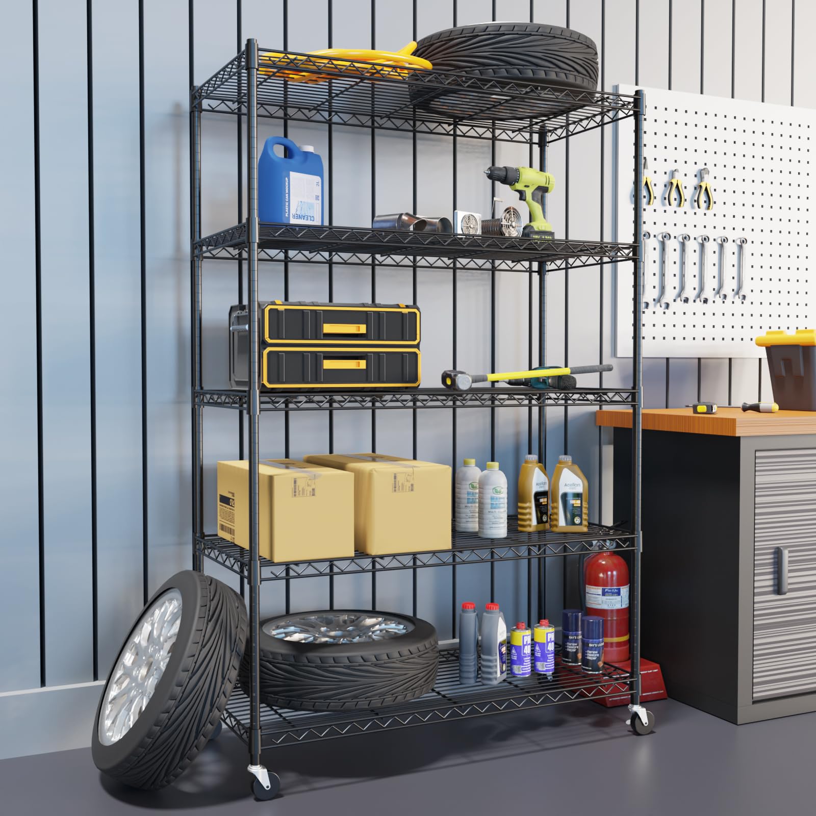 KKN 5-Tier Adjustable Storage Shelving Unit, Heavy Duty Steel Wire Rack with Wheels and Adjustable Feet for Pantry, Garage, Bakers Rack Kitchen Shelving (350 lbs/Shelf)