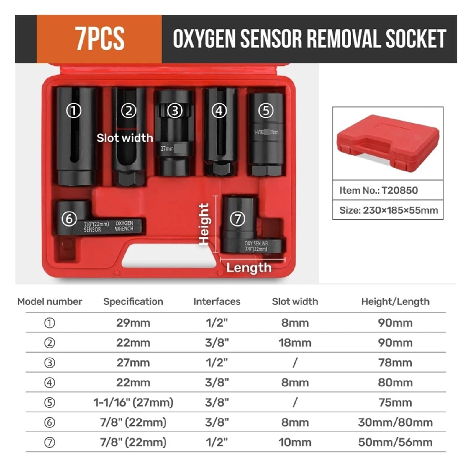 NOX Sensor Óxido Nitrógeno 3/5/7/10 Piezas Universal O2 Oxígeno Sensor Lambda Llave De Vaso Herramienta Removedor Kit De Herramientas De Extracción(7PCS)