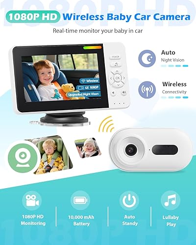 Miniatura 2 de Cámara inalámbrica para automóvil para bebé con visión nocturna automática mejorada, monitor de bebé de coche HD de 1080P con ajuste de 360, espejo