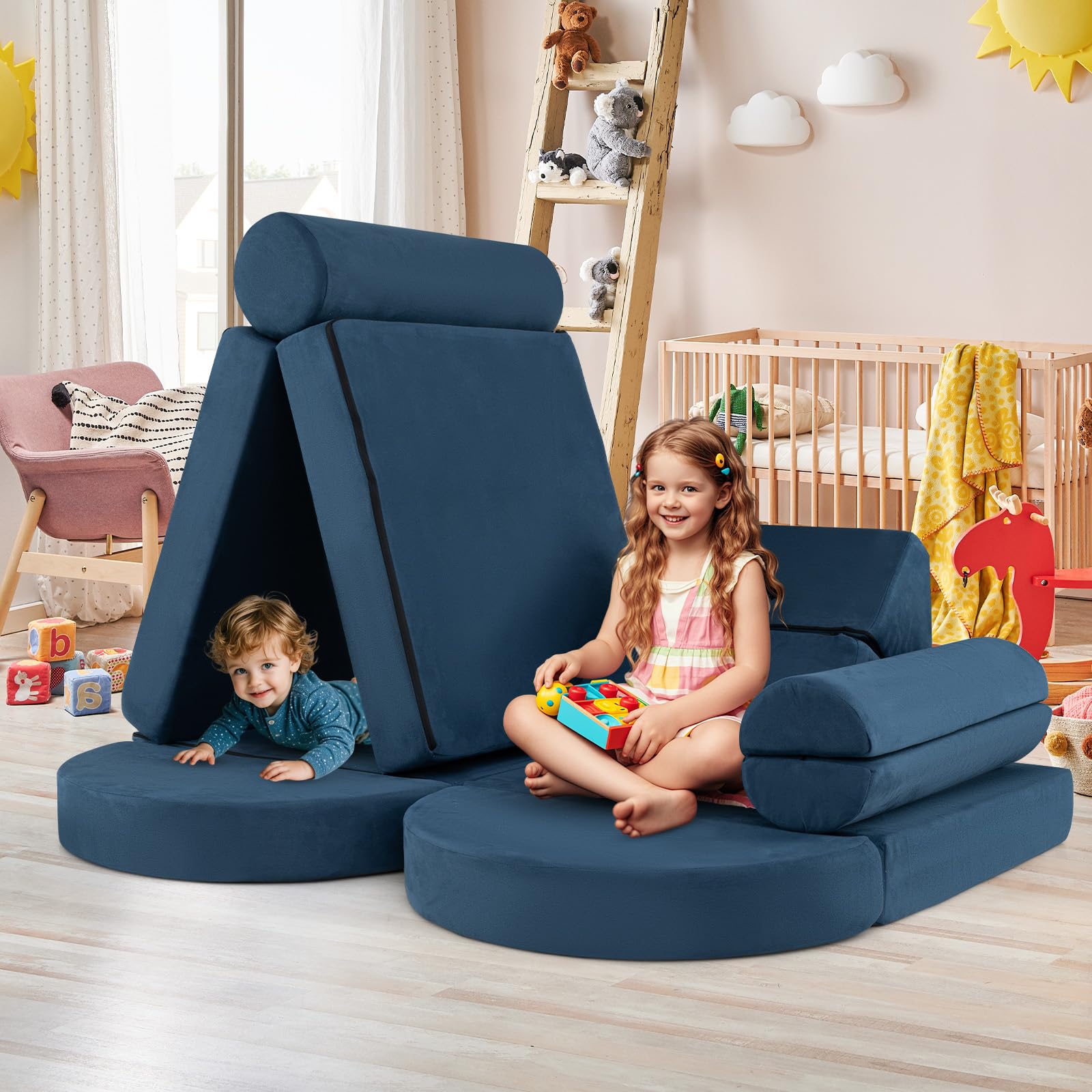 COSTWAY 14-częściowa modułowa sofa dziecięca, do zabawy z pianki, klocków, wspinaczki i raczkowania, rozkładana, do pokoju dziecięcego, pokoju zabaw (granatowa)