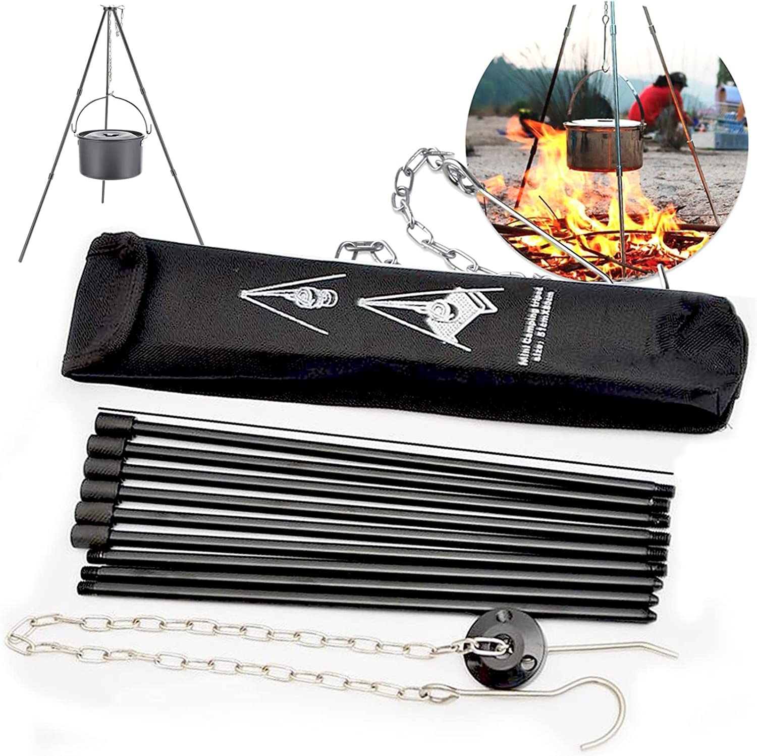 Trépied de Cuisine en Plein Air Pliant Campfire Griller Grill Grille Stand Camping Fire Pit Tool Bonfire Party Pique-Nique BBQ Cintre avec Sac De Rangement
