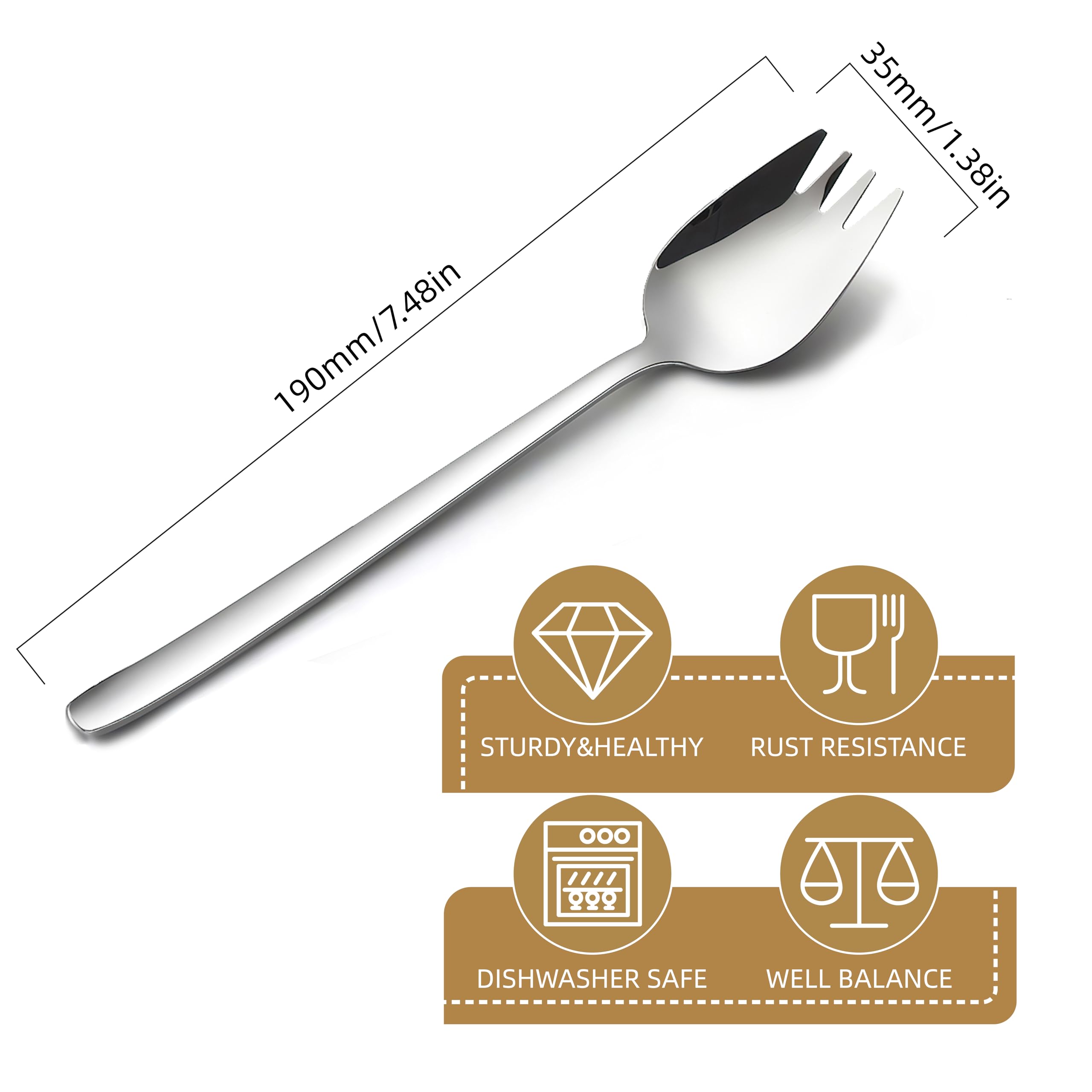 Sporks, 6-Pack Salad Forks 18/10 Stainless Steel Metal Spork, 7.4 Inches Long Handle Dessert Spoons Ice Cream Spoons, Flatware Set Forks for Salad Fruit Noodle, Dishwasher Safe — Amazon image 2