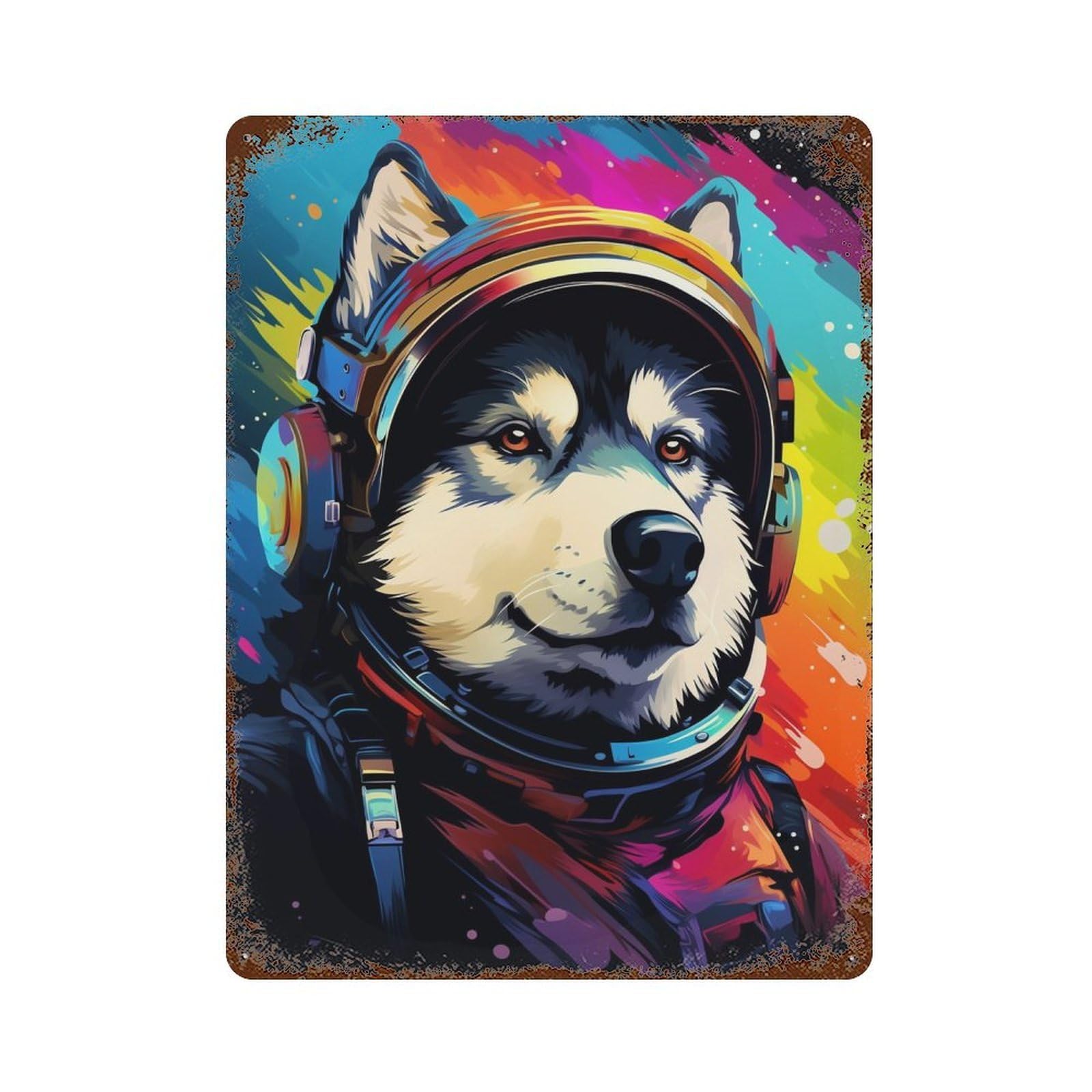 Space Dog Explorer-125 Weathered Tin Sign 15.7"x11.8", Rustic Home Decor for Garage, Bar And Workshop Decor