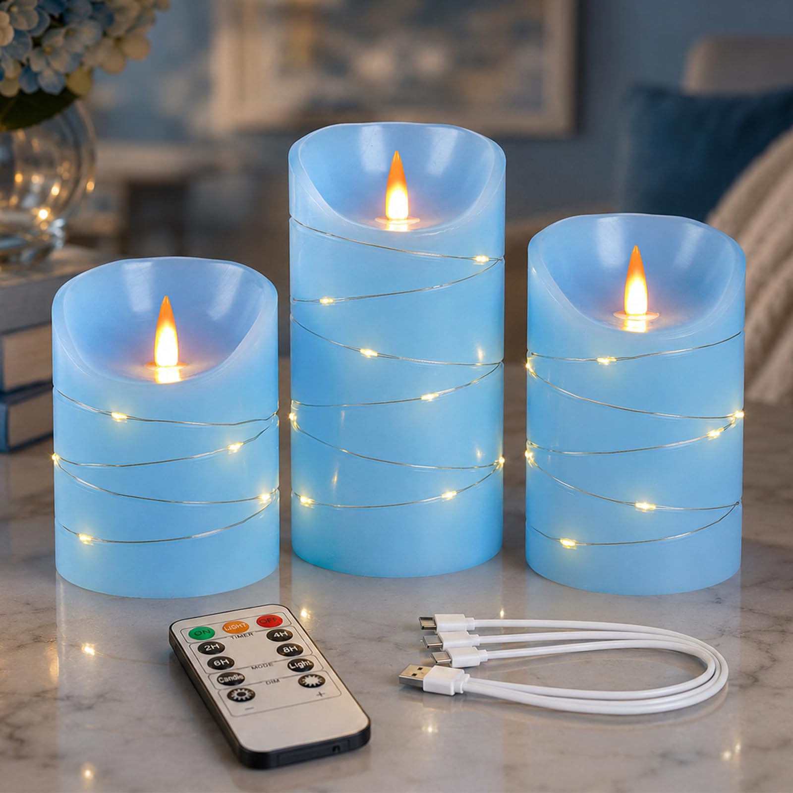 Flameless Candles Light, Set of 3 Flickering LED Candle with Remote & Timer, Rechargeable Dimmable Real Wax Electric Pillar Candles, Ivory Candle for Home Wedding Party Holiday Decor (Blue)