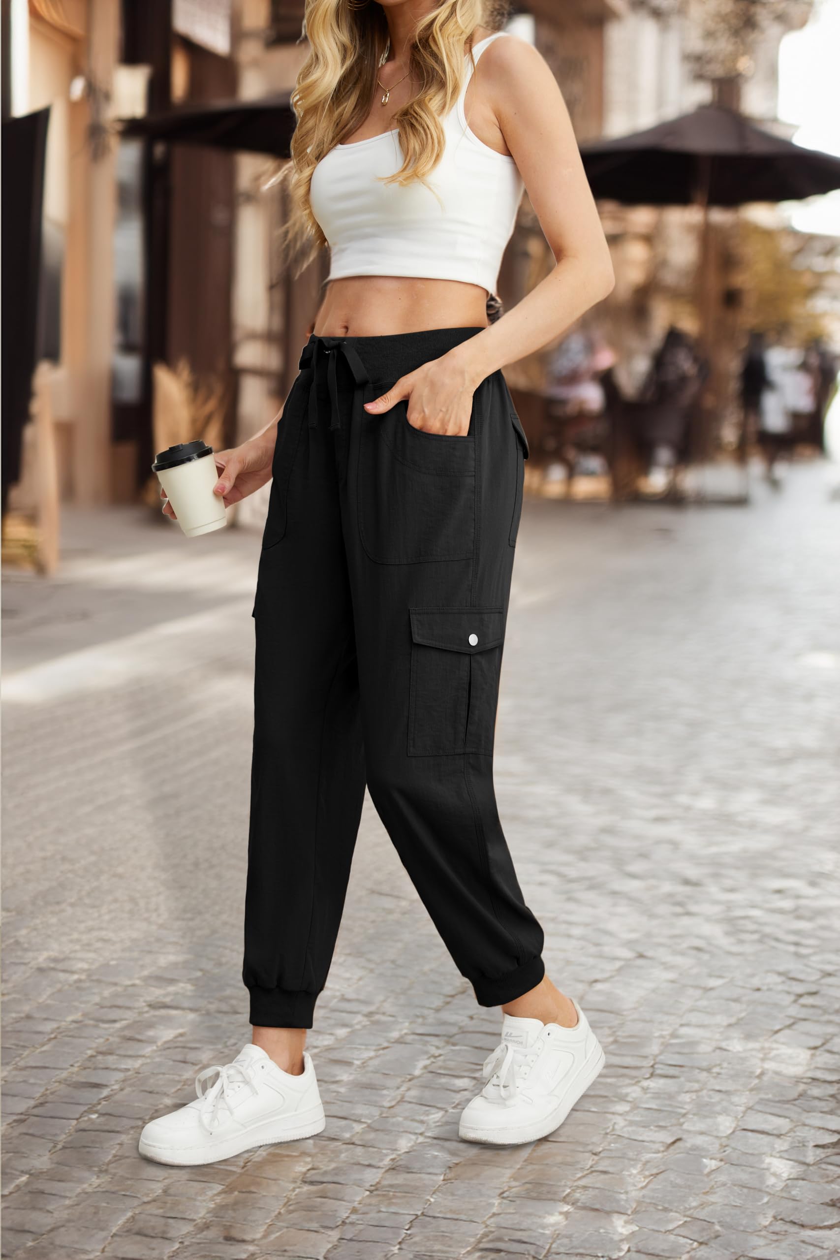 GRECERELLE Pantalones de chándal para mujer, pantalones cargo de verano, pantalones deportivos para el tiempo libre, pantalones de entrenamiento para mujer con cintura elástica, puños y 6 bolsillos