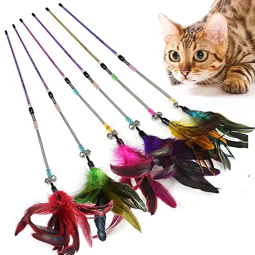 Aidiyapet Giocattolo per Gatti con Piuma, Bacchetta con Piume e Campanellino (6 Pack) - 6 Pack