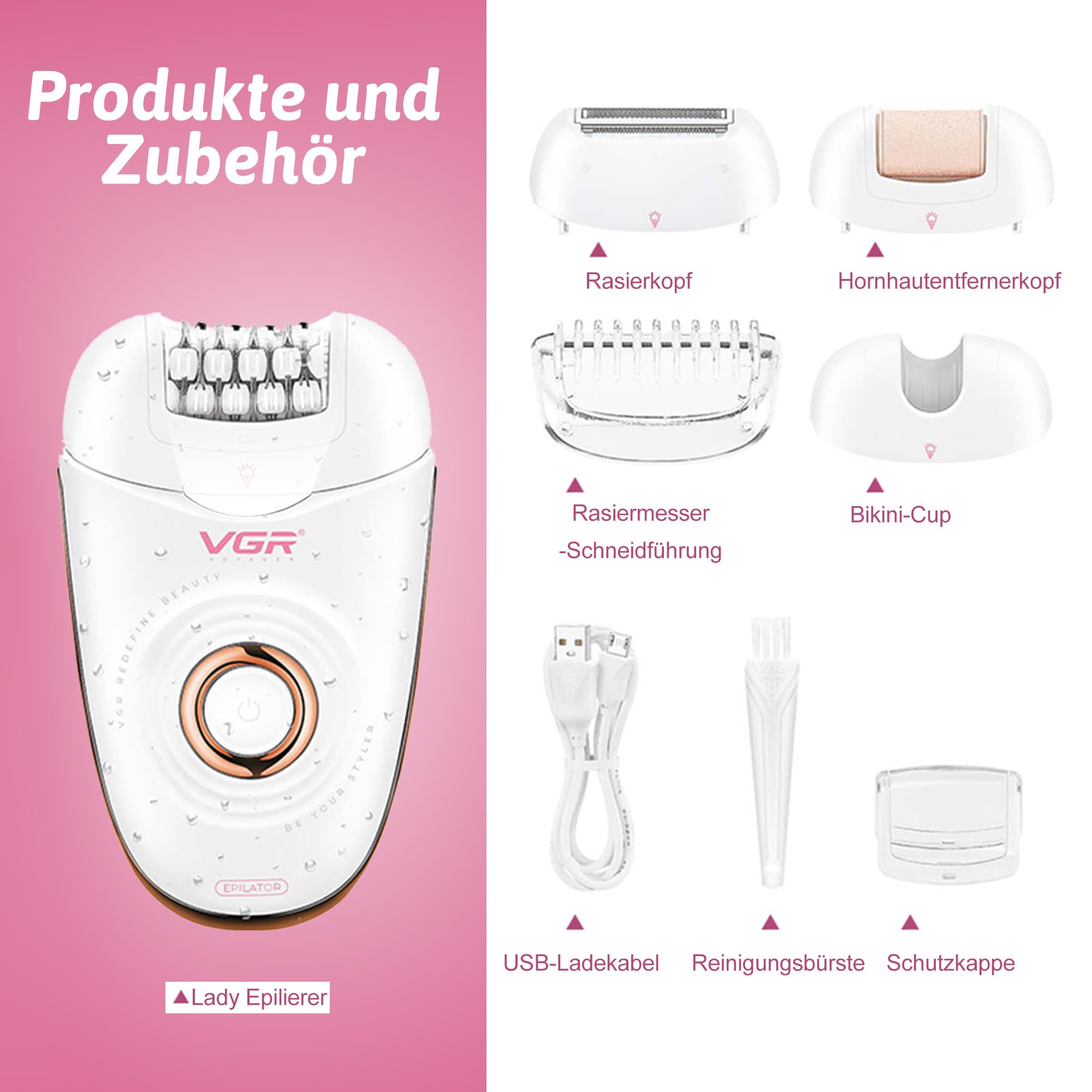 VGR 739 Kabelloser 3-in-1 Epilierer Damen Mit IPX4-Wasserbeständigkeit
