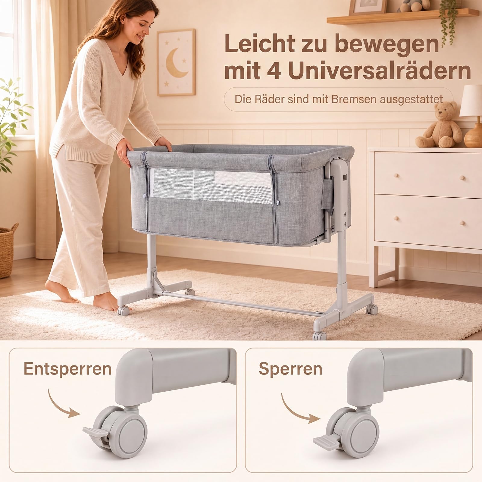 COSTWAY 3 in 1 Beistellbett, Babybett 6-stufig höhenverstellbar (Grau) | Reisebett mit Matratze, Babywiege mit Schaukelfunktion, Stubenwagen Baby mit Rollen für Neugeborene bis 6 Monaten