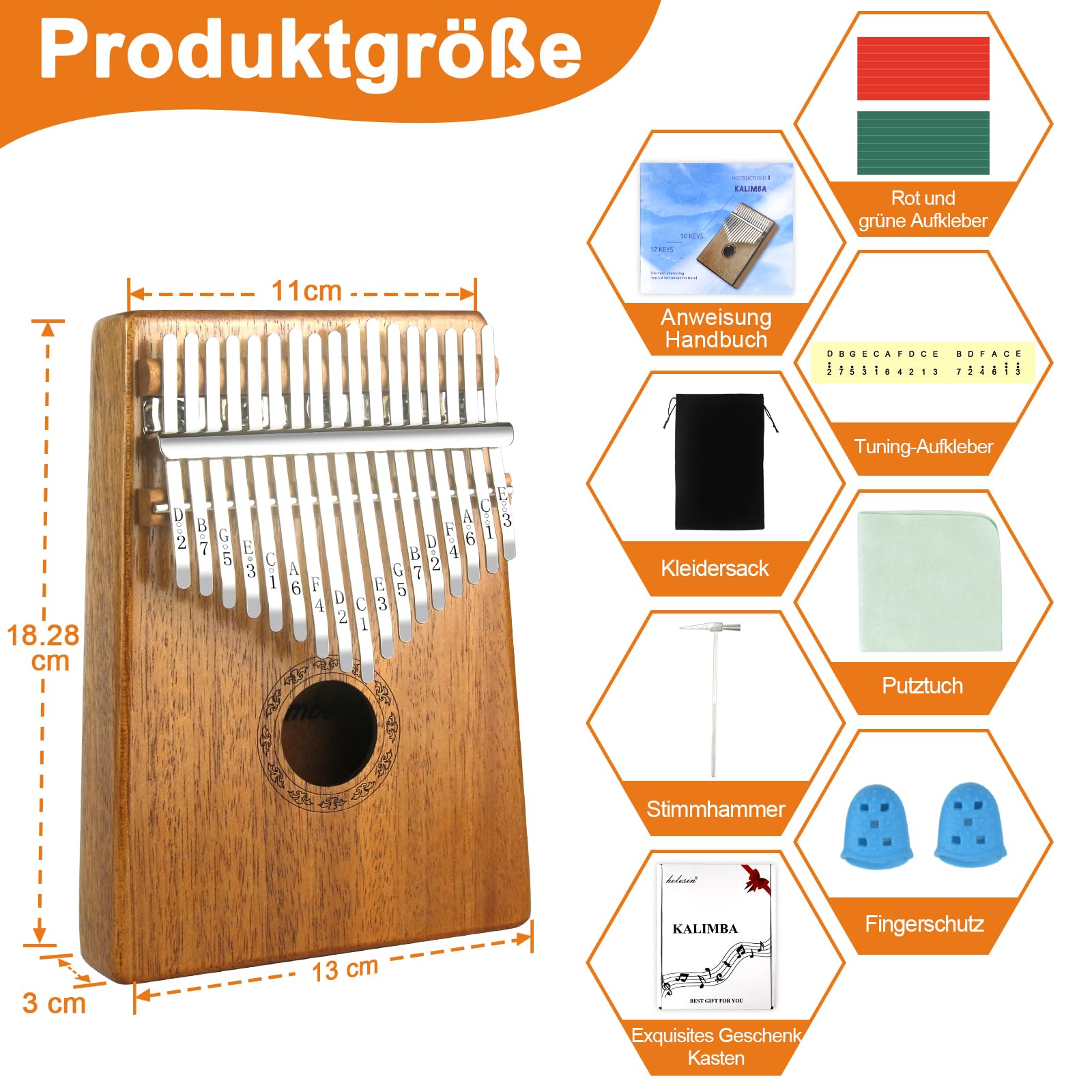 Kalimba 17 Schlüssel, Kalimba Instrument Finger Daumenklavier Kalimba Thumb Piano Marimba Instrumente mit Schutzhülle, Lernanleitung, Stimmhammer für Kinder Musikliebhaber Anfänger