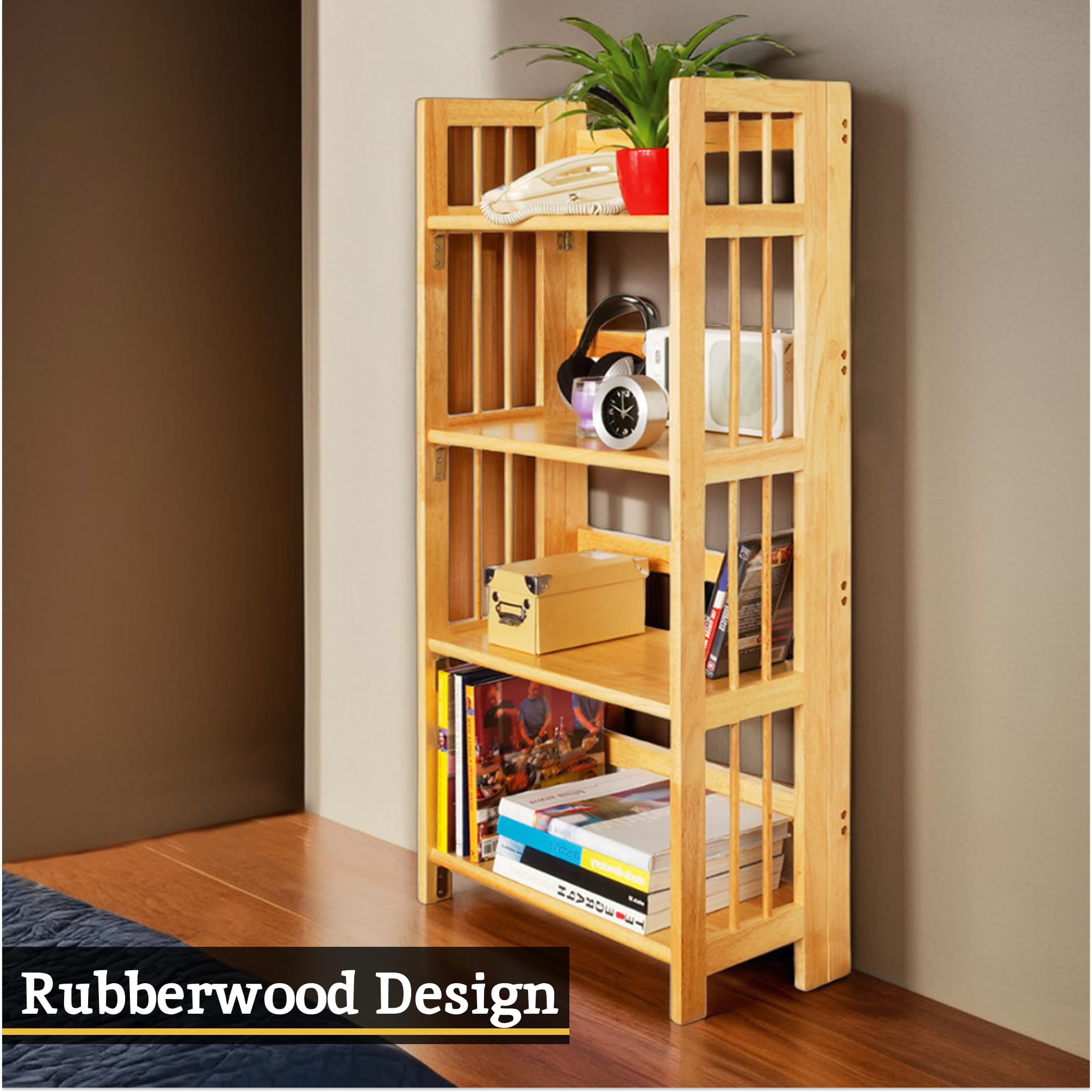 Premier Housewares Rubberwood 4-Tier Folding Shelving Unit - 115 X 54 X