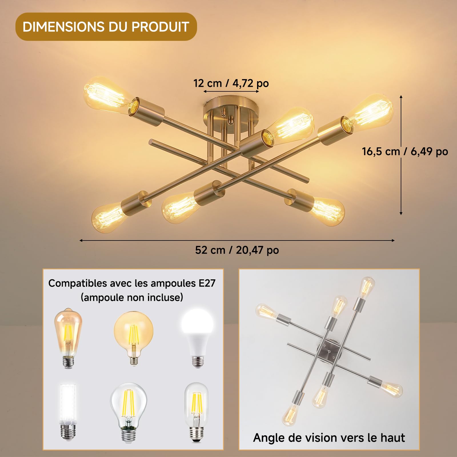 Lustre Sputnik Industriel 6 Lumières Plafonnier Vintage 52cm 60W Dimmable | Chromé Lampe de Plafond en Métal,Lustre Argenté Vintage pour Chambre Salon Cuisine Couloir Salle à Manger,Ampoule E27