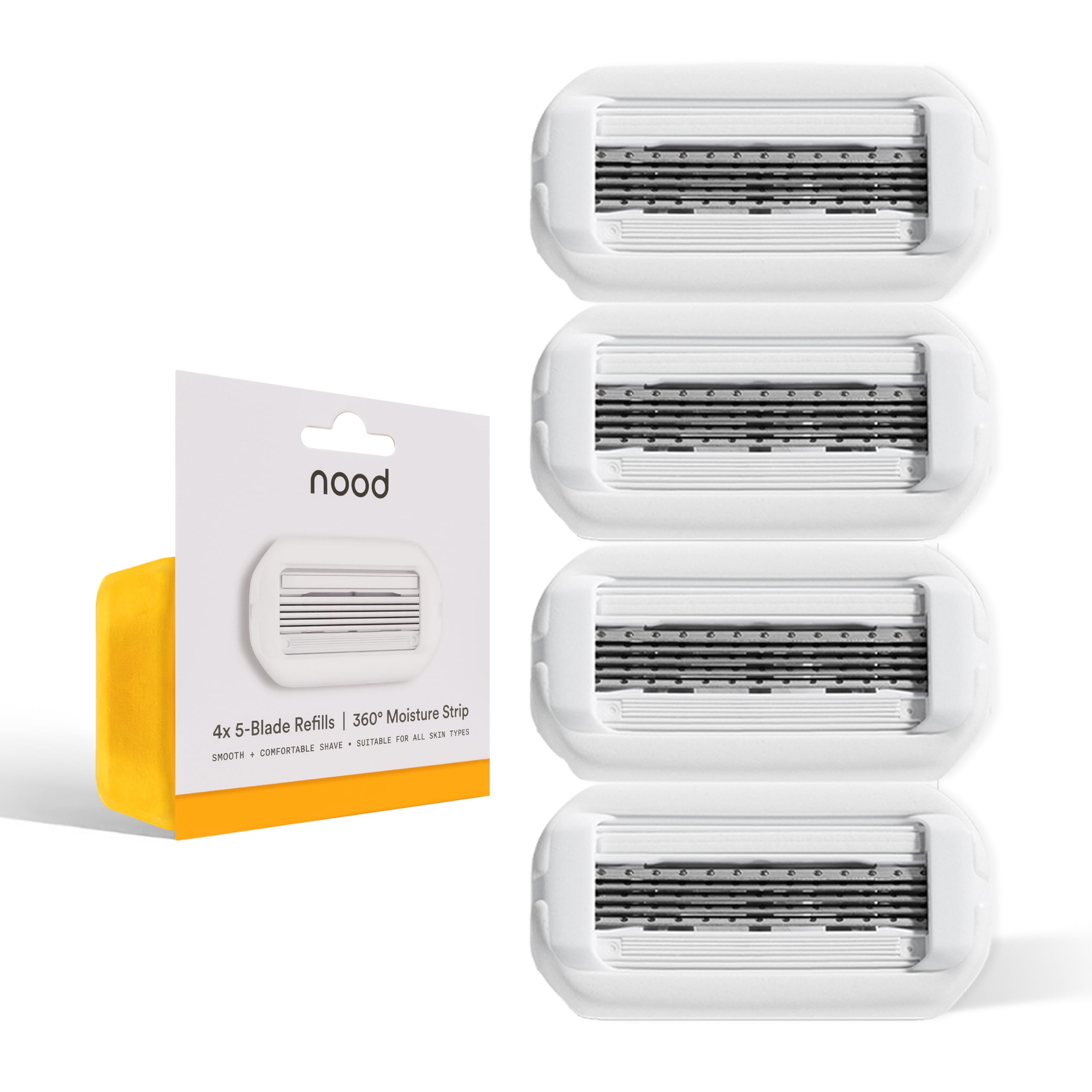 NEW Nood™ Razor Blade Refills — Premium Stainless Steel Refillable 5-Blade Razors for Women & Men — 360° Moisture Strip Helps Prevent Skin Irritation — Works Everywhere Hair Grows — 4 Refill Pack