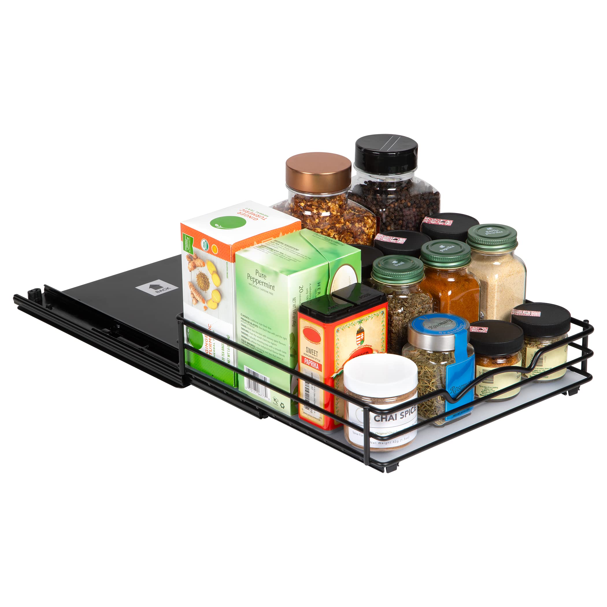 pull out cabinet organizer for spices, cans - heavy duty with lifetime limited warranty- pull out spice rack- black 20-3/8"wx 10-1/2"d x 2-3/4” h cabinet pull out shelf for cans,dishes, etc.