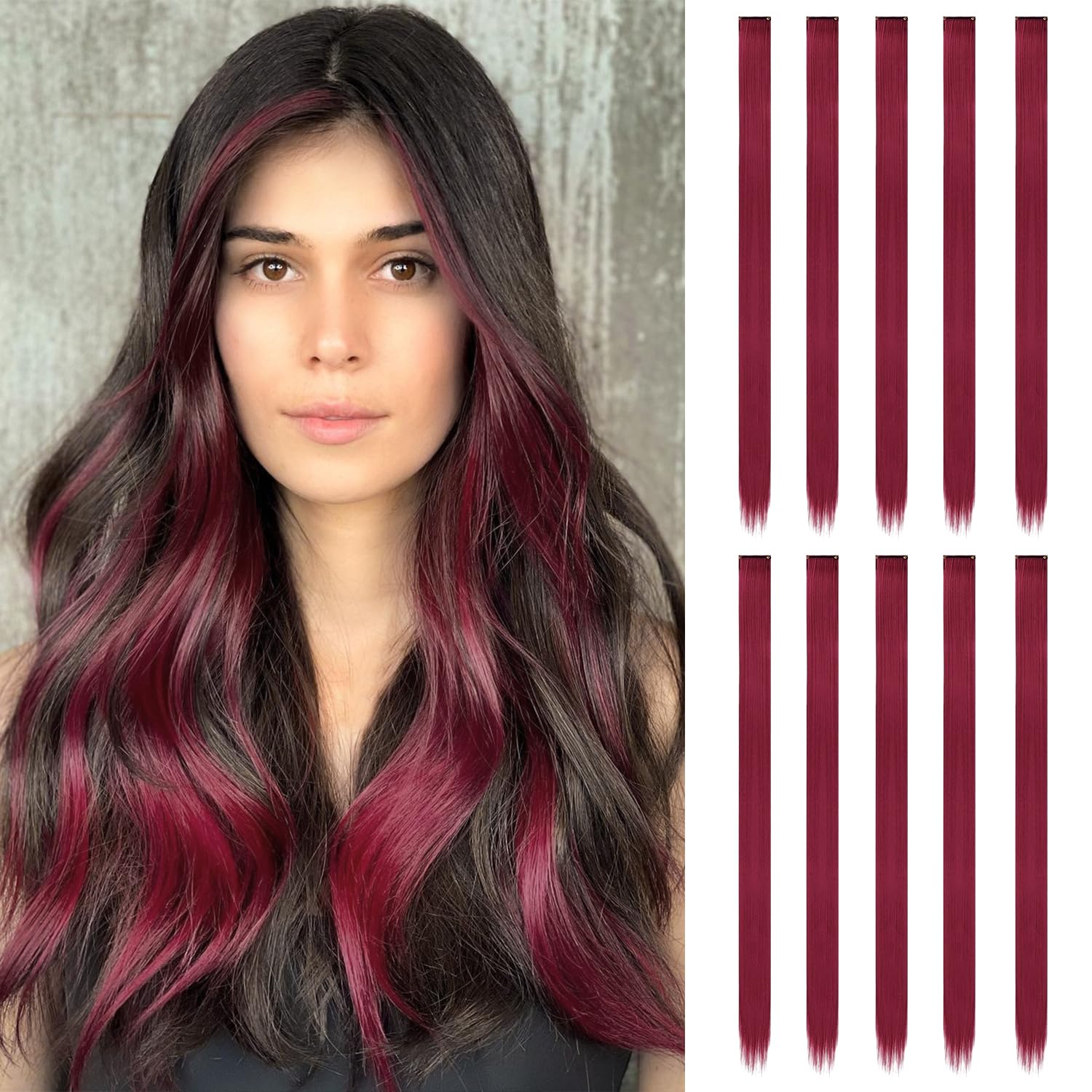 10 Pcs Red Hair Extensions, Dark Red, 22 tum