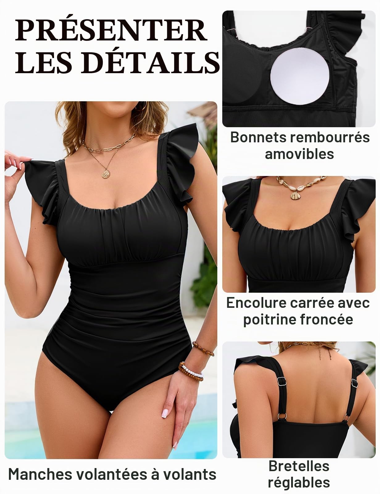 Svanco Maillot De Bain 1 Pièce Femme Gainant Ventre Plat À Manches Volants - Décolleté Carré avec Poitrine Froncée - Maillot De Bain Sculptant avec Bonnets Intégrés