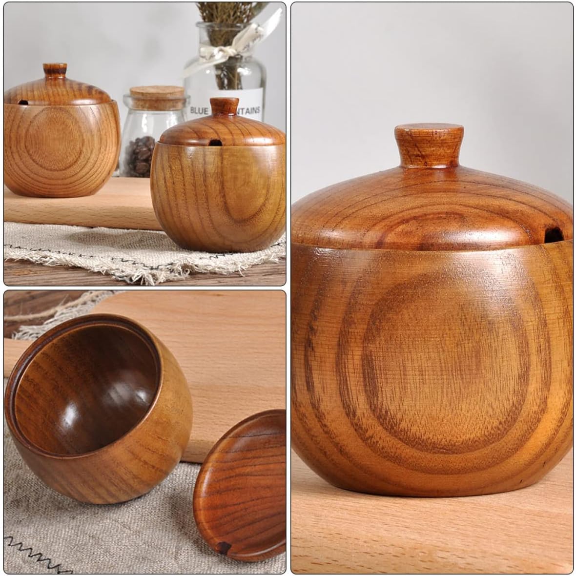 PRETYZOOM Wood Condiment Pot with Lid Hole for Spoon Brown Household Use